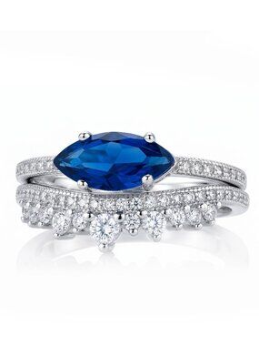 Pear Shaped Blue Sapphire Crown Bridal Set 925 Sterling Silver Charmed A…